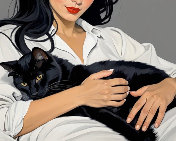 Woman with black cat in relaxed pose and white shirt