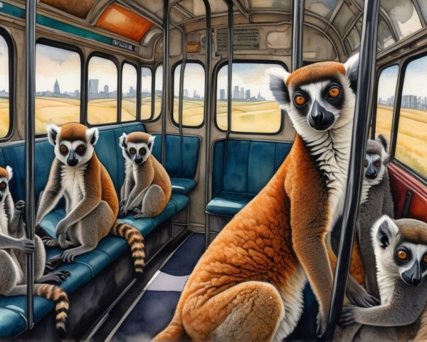 Lemurs in a Bus with Vibrant Fur and Curious Expressions