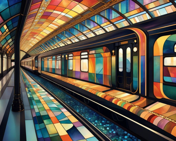 Vibrant Subway Station with Stained Glass Panels
