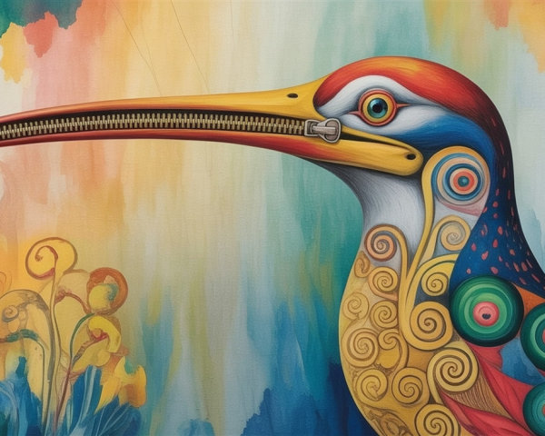 Whimsical Painting of Stylized Bird with Patterns