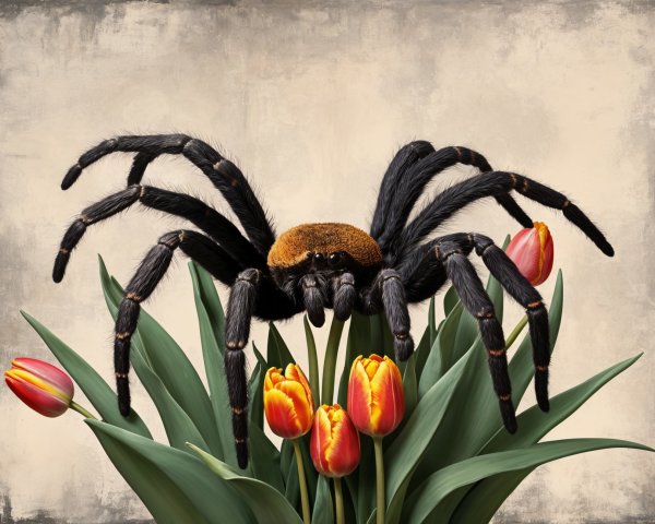 Realistic Spider on Colorful Tulips in Nature Scene