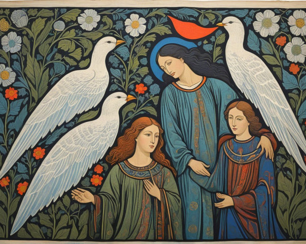Three Figures in Flowing Garments with Doves and Flowers
