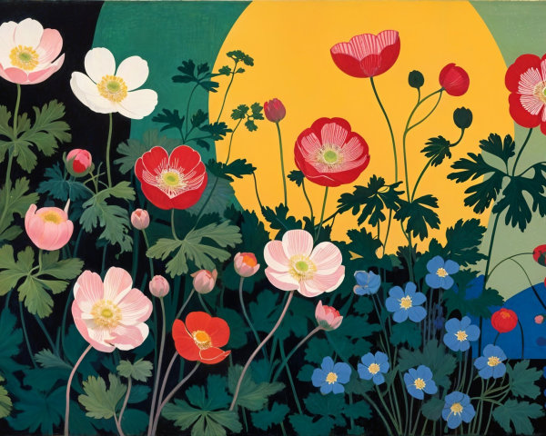 Vibrant Botanical Scene with Colorful Flowers and Leaves