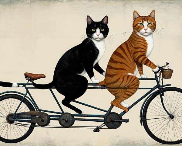 Cats on a Vintage Tandem Bicycle Scene