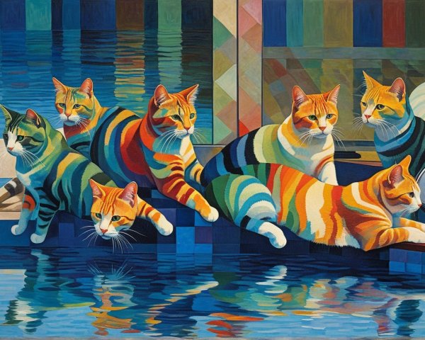 Colorful Cats Relaxing by a Pool in Vibrant Artwork