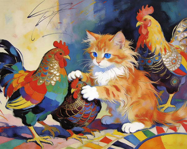 Colorful Painting of Kitten with Ornate Roosters and Hens