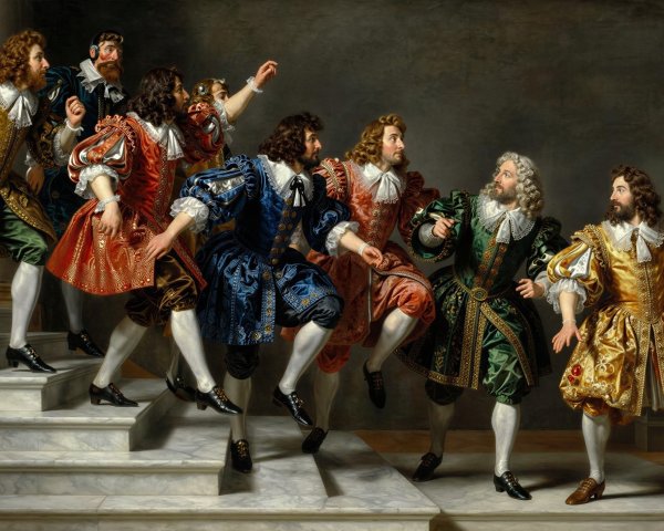 Renaissance Men in Colorful Costumes on Marble Staircase