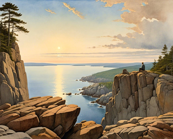 Coastal Sunset Landscape with Cliffs and Pine Trees