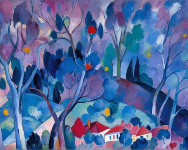 Vibrant Landscape with Whimsical Trees and Houses