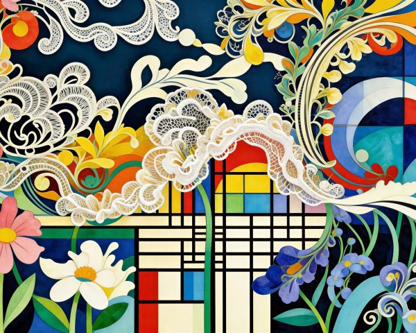 Vibrant Mosaic Art with Floral and Lace Patterns