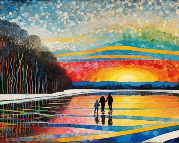 Vibrant Mosaic Landscape at Sunset Over a Lake