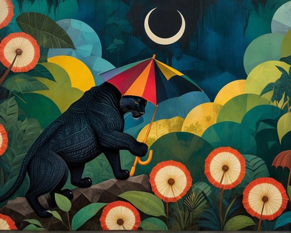 Black Panther with Umbrella in Tropical Night Scene