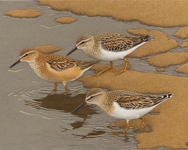 Three Shorebirds on Sandy Coastline by Water's Edge