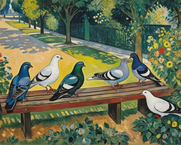 Vibrant Park Scene with Colorful Pigeons and Nature