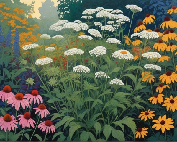 Vibrant Garden Scene with Wildflowers and Greenery