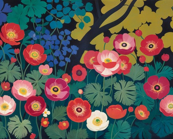 Vibrant Floral Scene with Colorful Flowers and Leaves