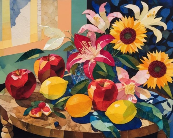 Vibrant Still Life with Colorful Fruits and Flowers