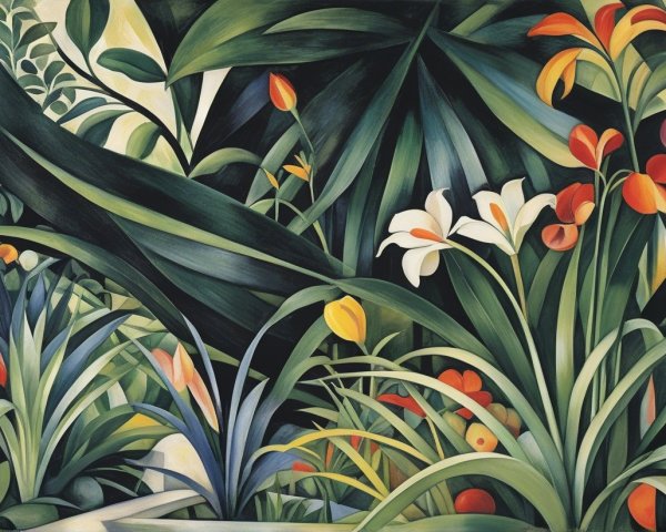 Vibrant Tropical Garden with Colorful Flowers and Foliage