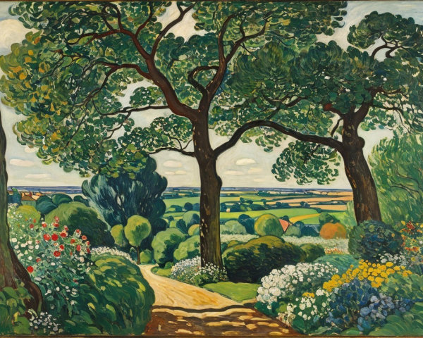 Lush Landscape with Trees and Winding Pathway