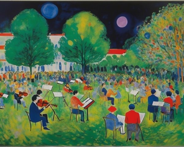 Vibrant Outdoor Concert with Diverse Orchestra Under Stars