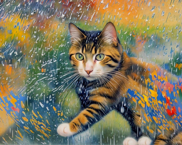 Tabby Cat in Impressionistic Rainy Landscape