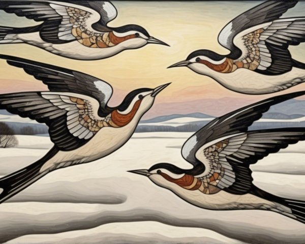 Stylized Birds in Flight Against Pastel Sky