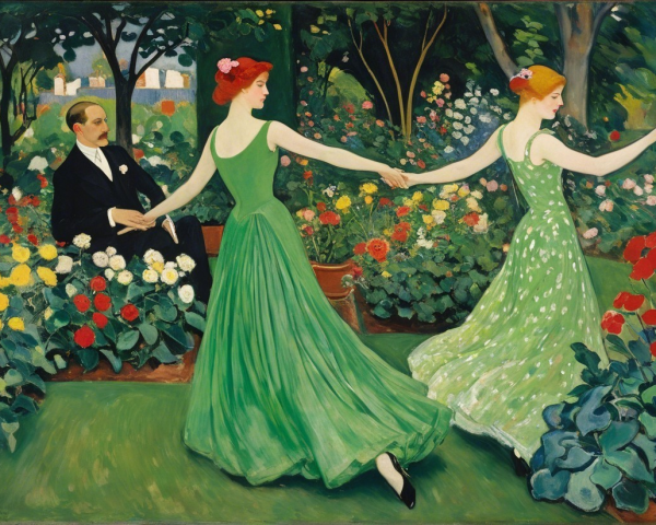 Elegant Women Dancing in a Vibrant Flower Garden