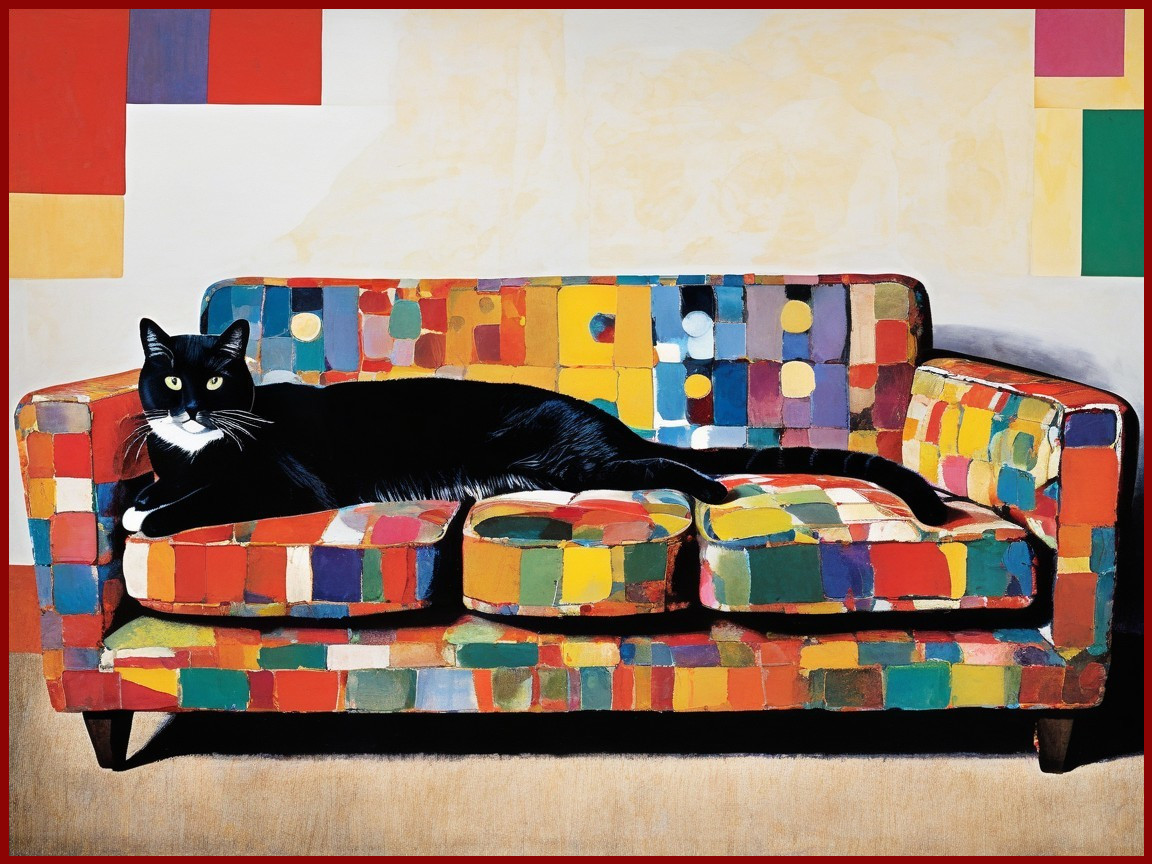 Black Cat on Colorful Geometric Couch in Warm Setting