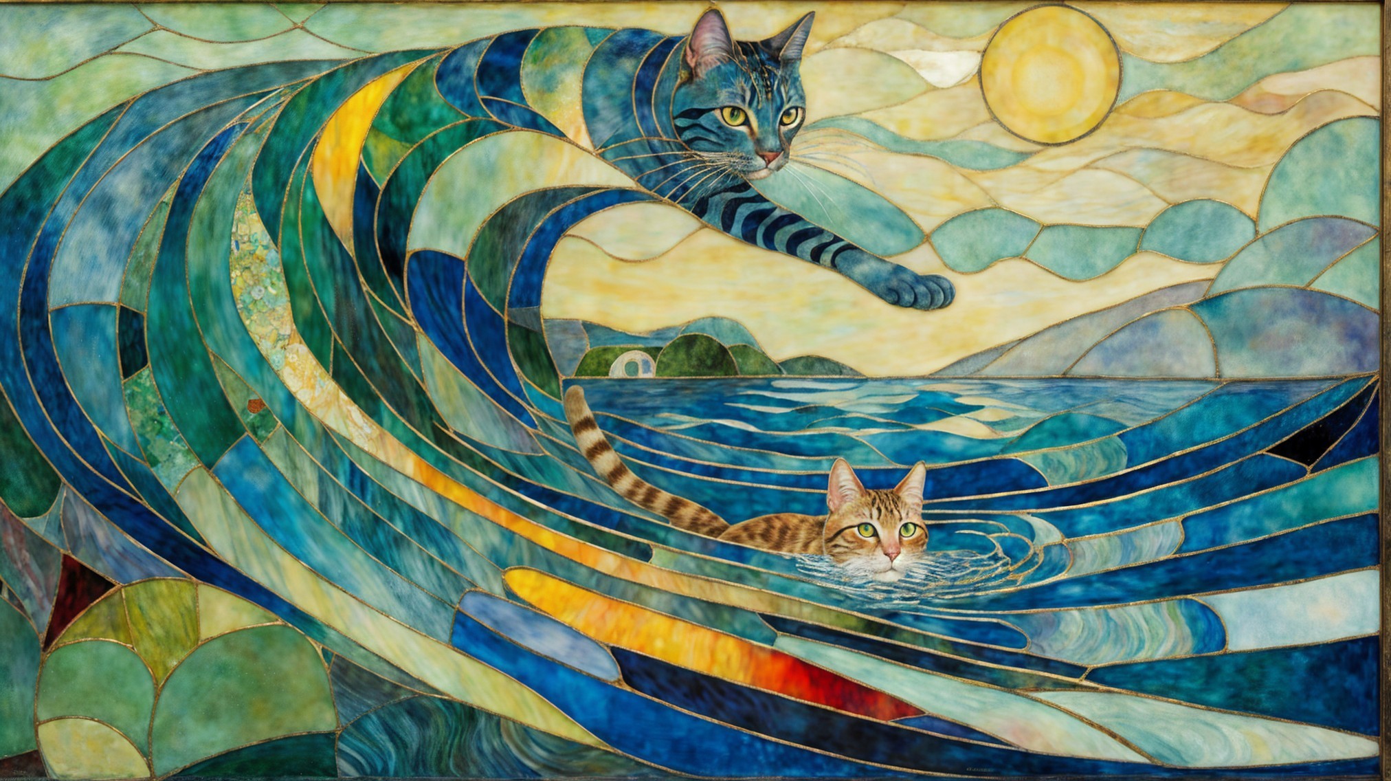 Vibrant Stained-Glass Artwork of Cats and Waves