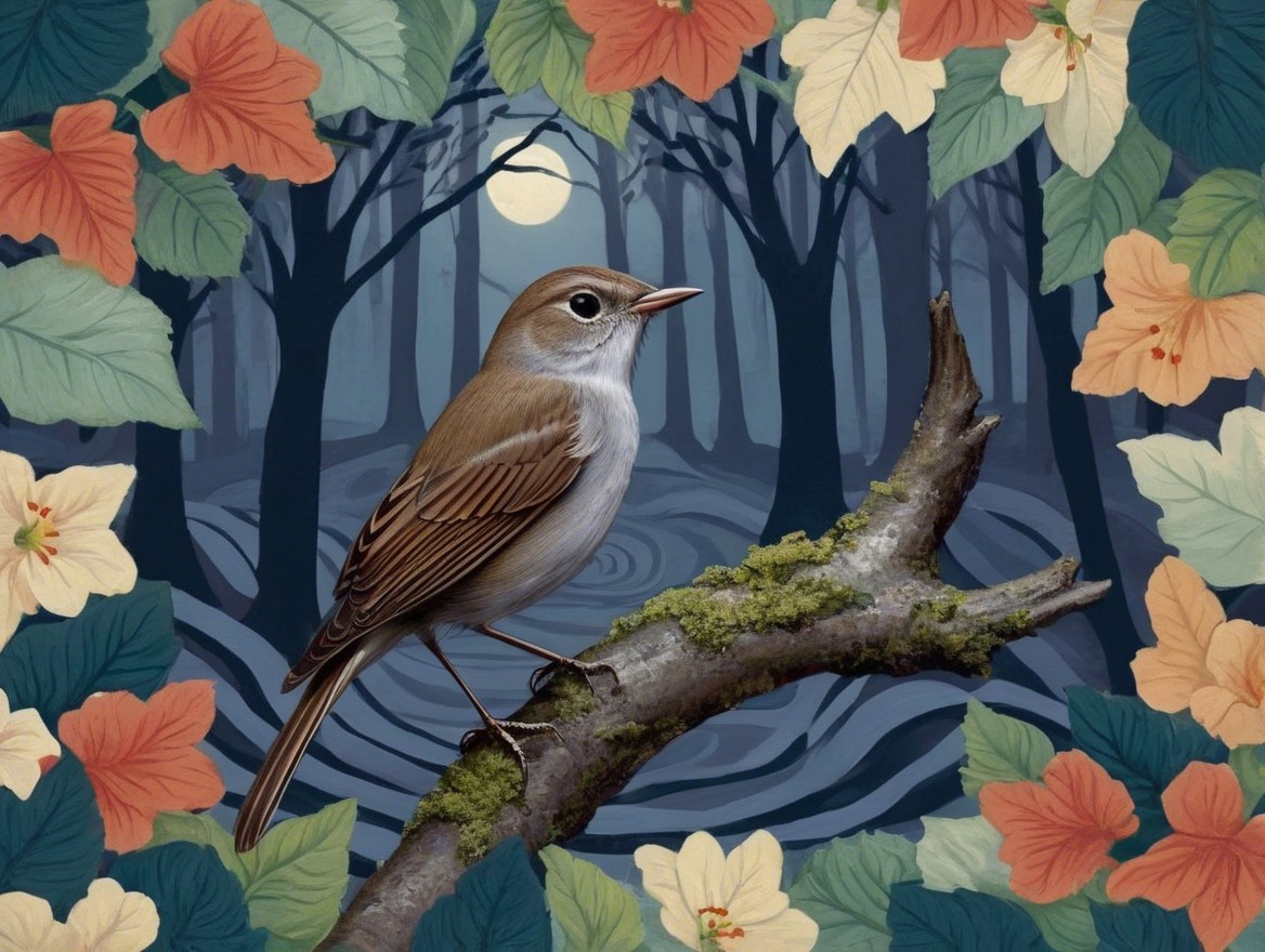 Illustration of a Bird on a Branch in a Moonlit Forest