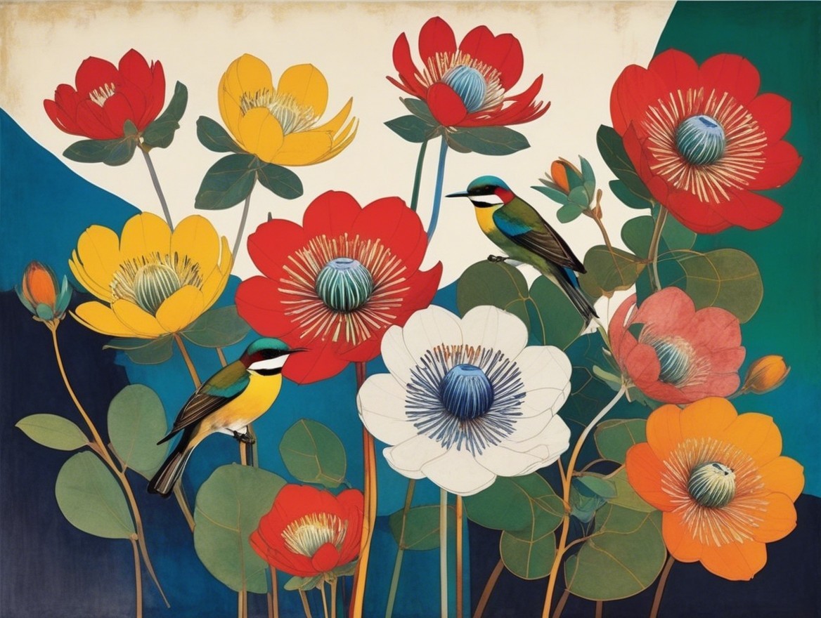 Colorful Birds Among Blooming Flowers Illustration