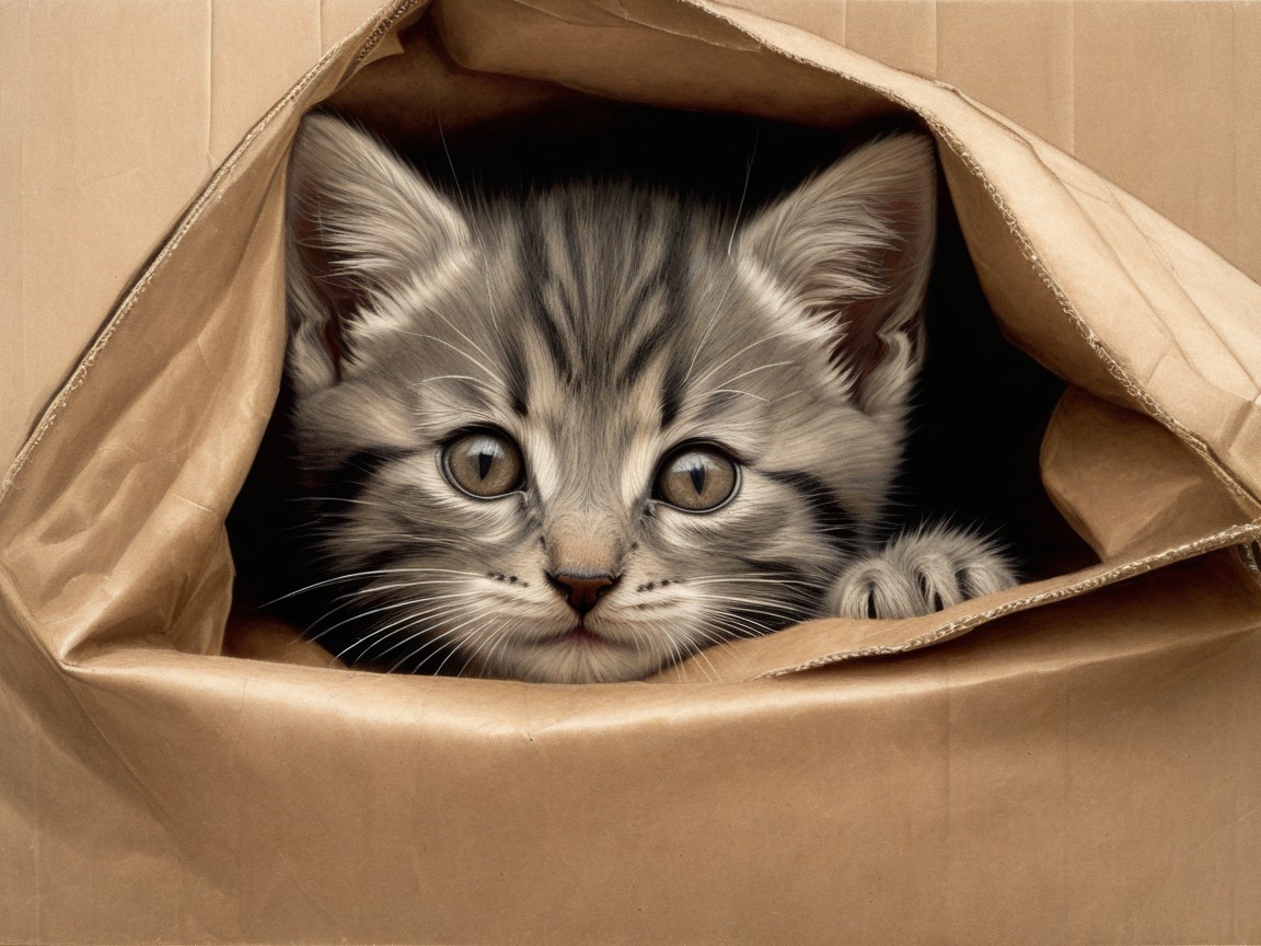 Gray Tabby Kitten in Brown Paper Bag Setting