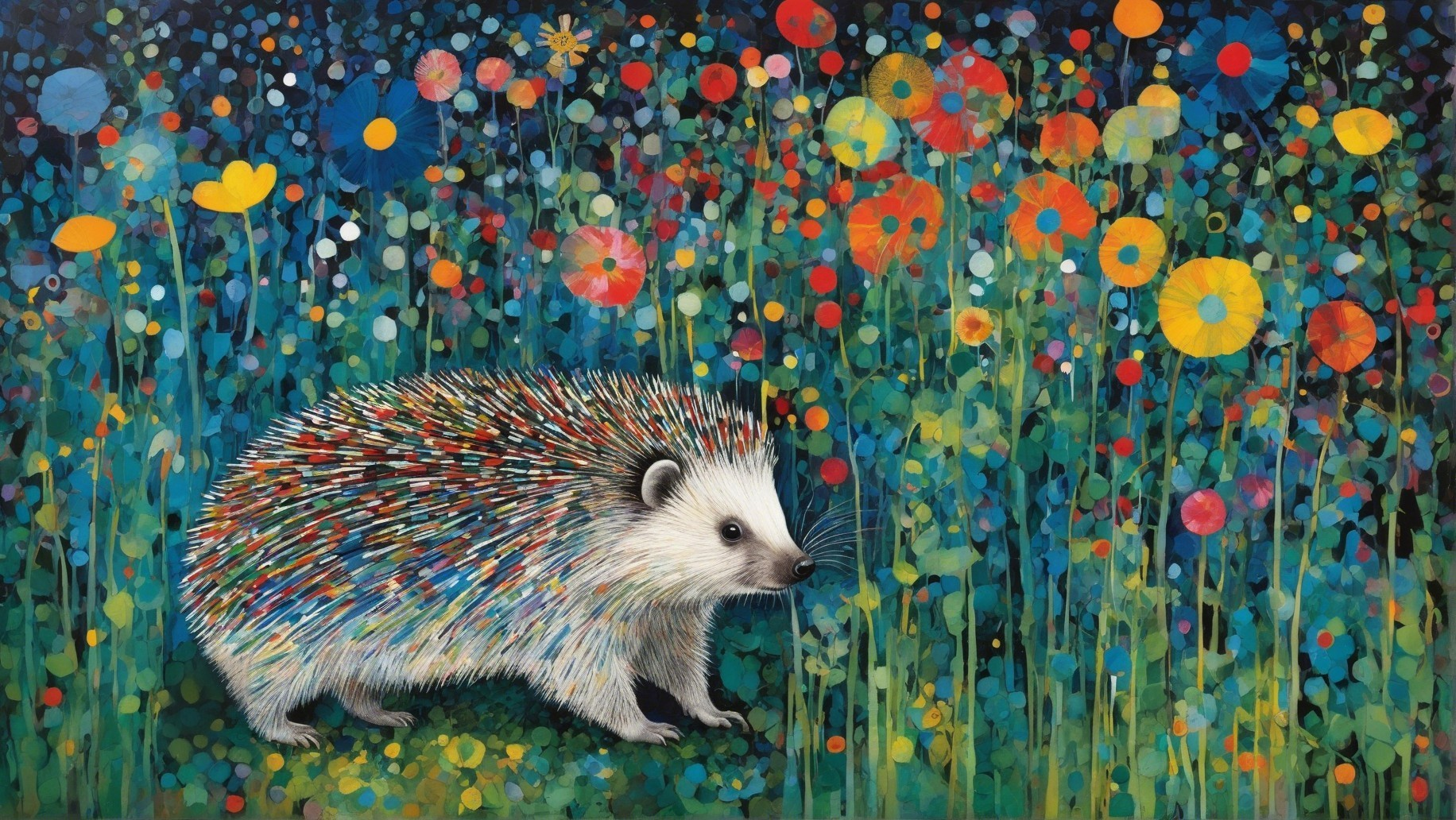 Impressionistic Painting of Colorful Hedgehog in Garden