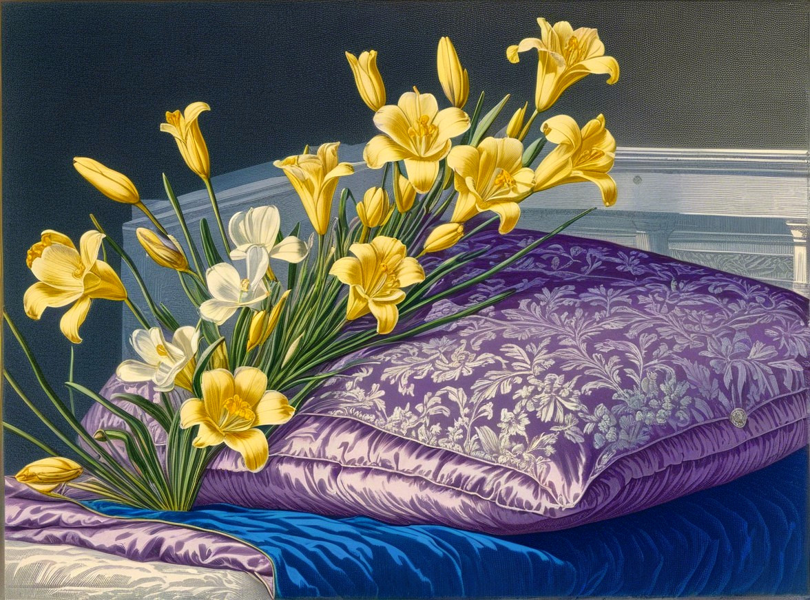 Yellow and White Flower Arrangement on Purple Pillow