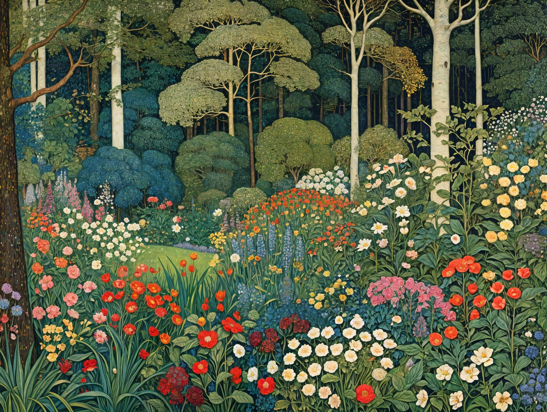 Vibrant Garden with Colorful Flowers and Tall Trees