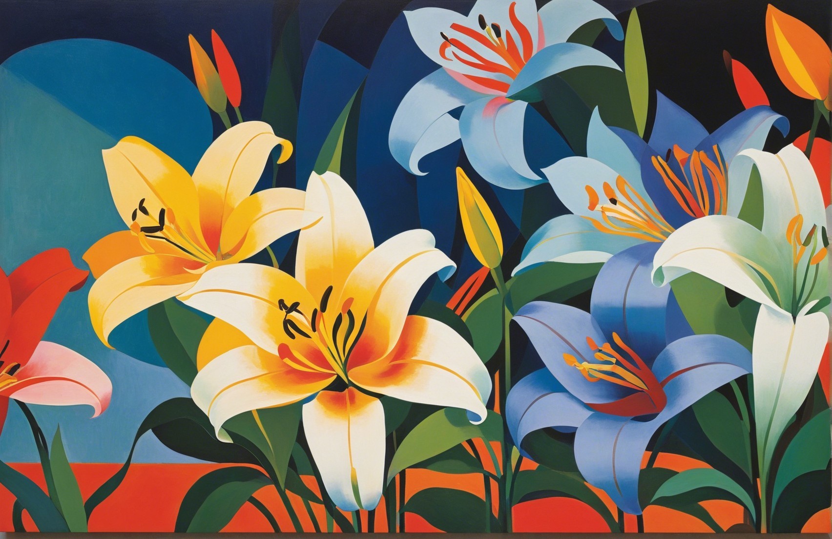 Vibrant Abstract Floral Painting with Colorful Lilies