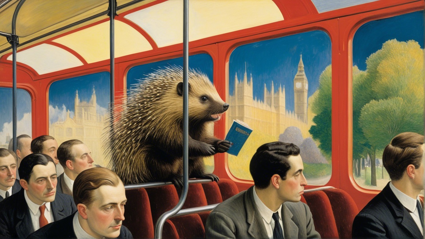 Hedgehog Reading in a Double-Decker Bus Scene