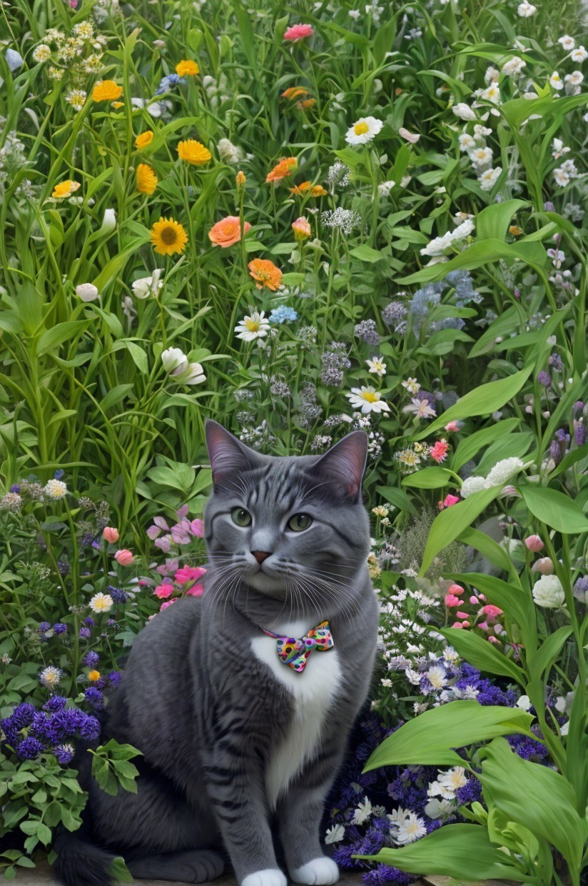 Gray Cat with Bow Tie Surrounded by Colorful Wildflowers in Lush Garden