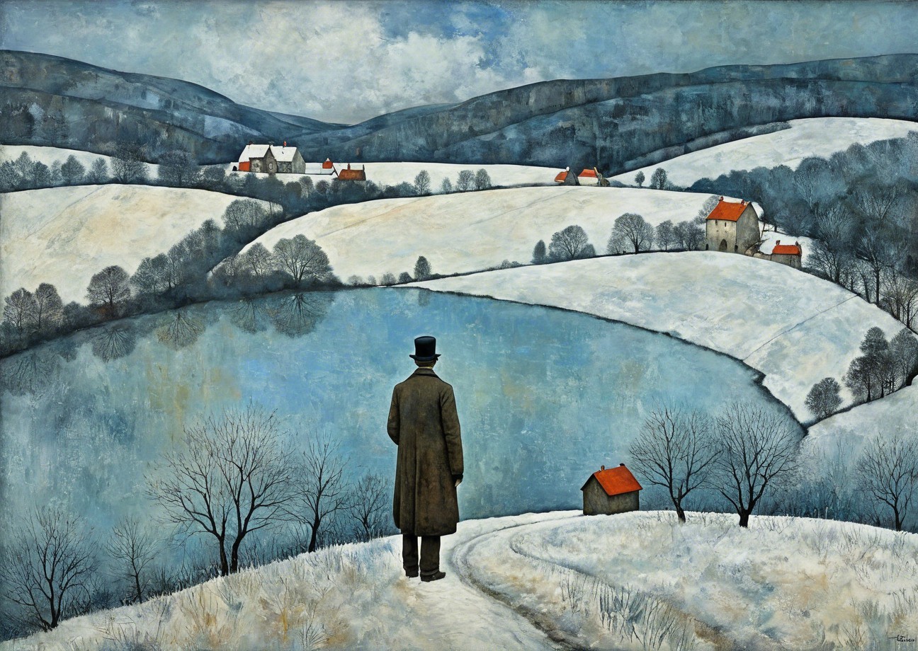 Snowy Landscape with Man, Lake, and Houses