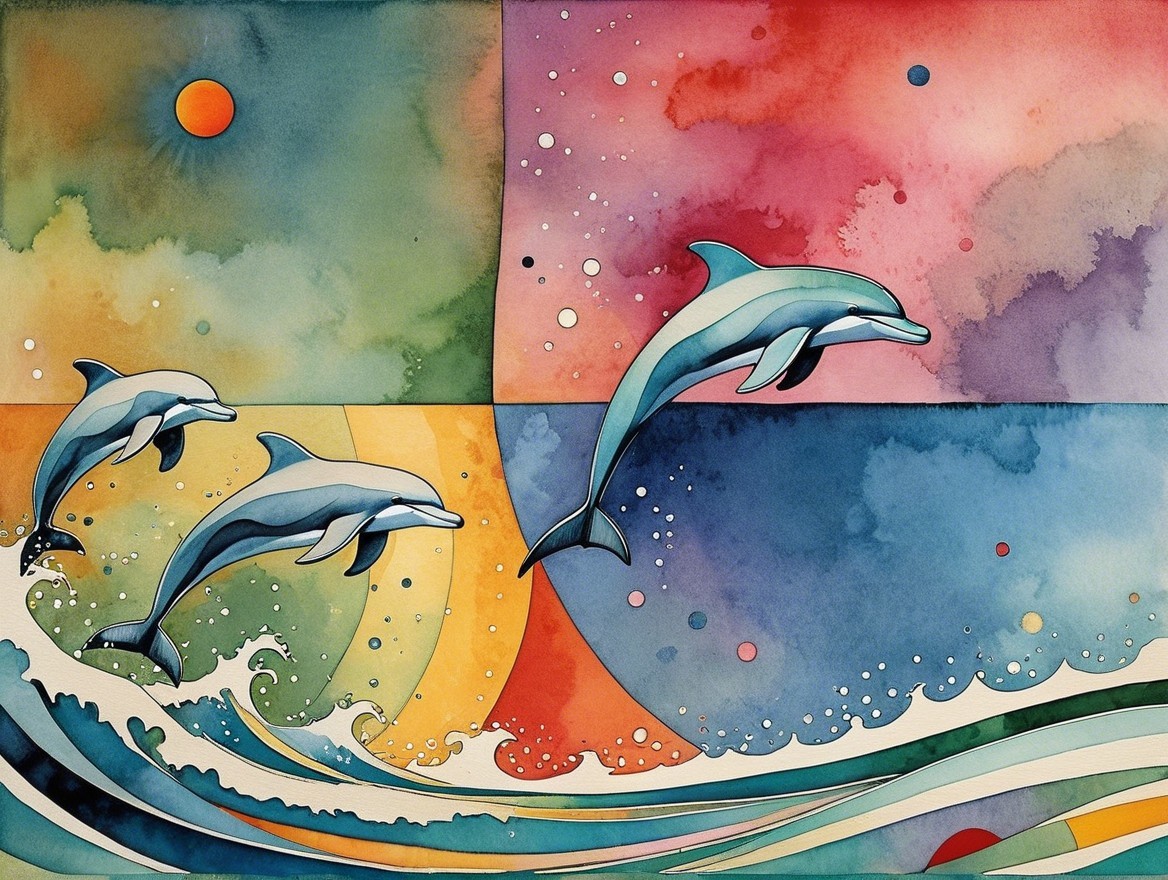 Vibrant Watercolor Scene of Dolphins and Colorful Waves