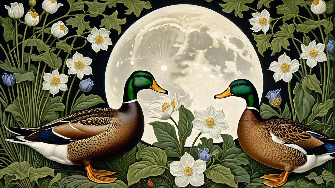 Ducks in a Floral Landscape with a Full Moon
