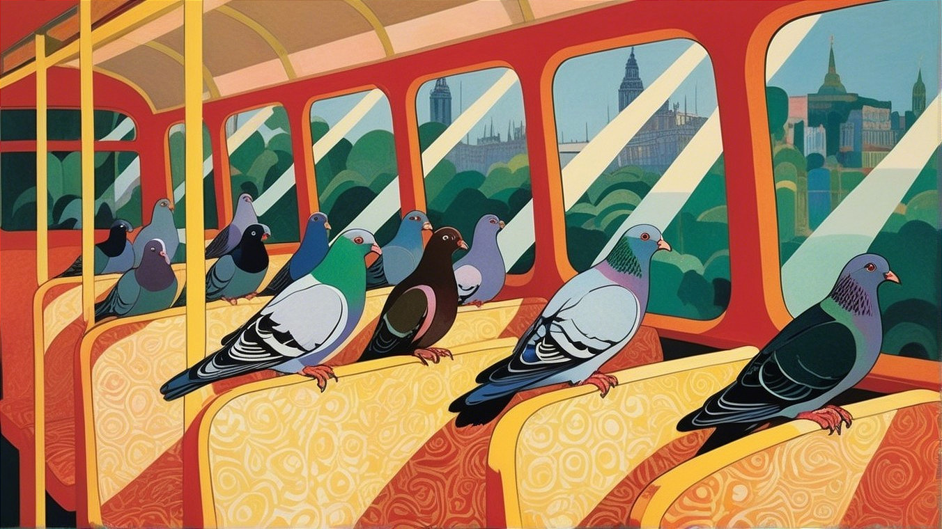 Pigeons in a Double-Decker Bus with City View