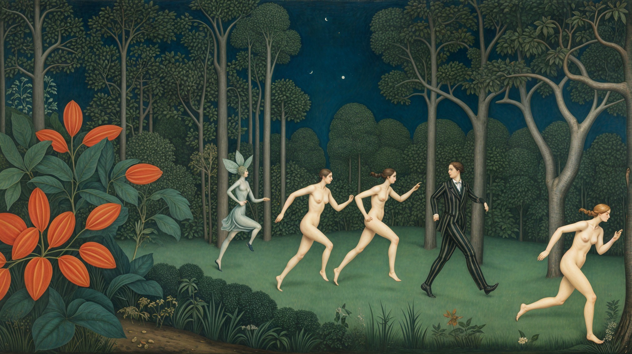 Mystical Forest Scene with Striped Suit and Ethereal Figures