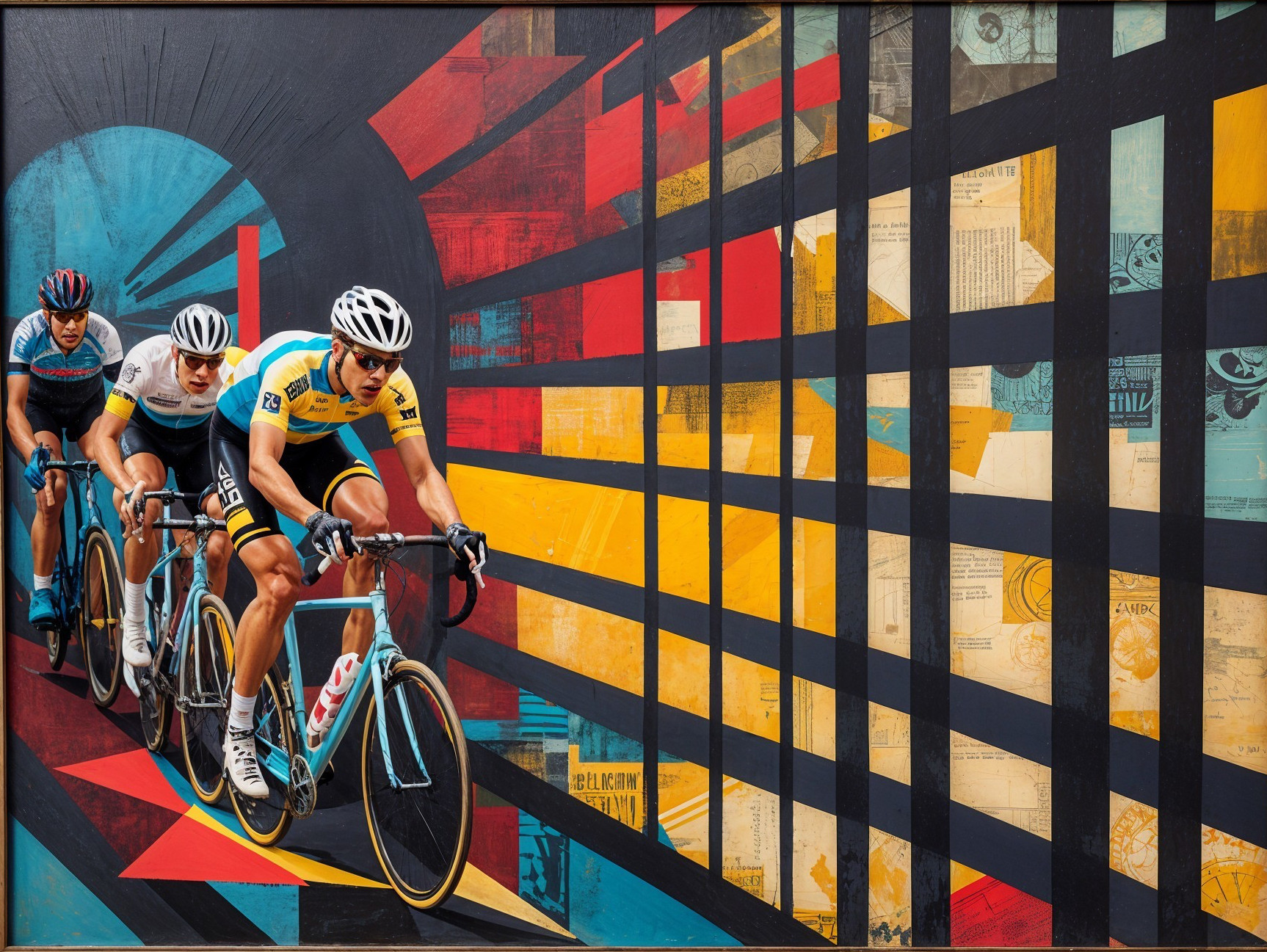 Vibrant Mural of Cyclists in Motion with Geometric Patterns