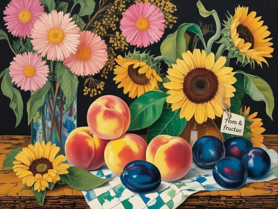 Vibrant Still Life of Sunflowers, Daisies, and Fruit