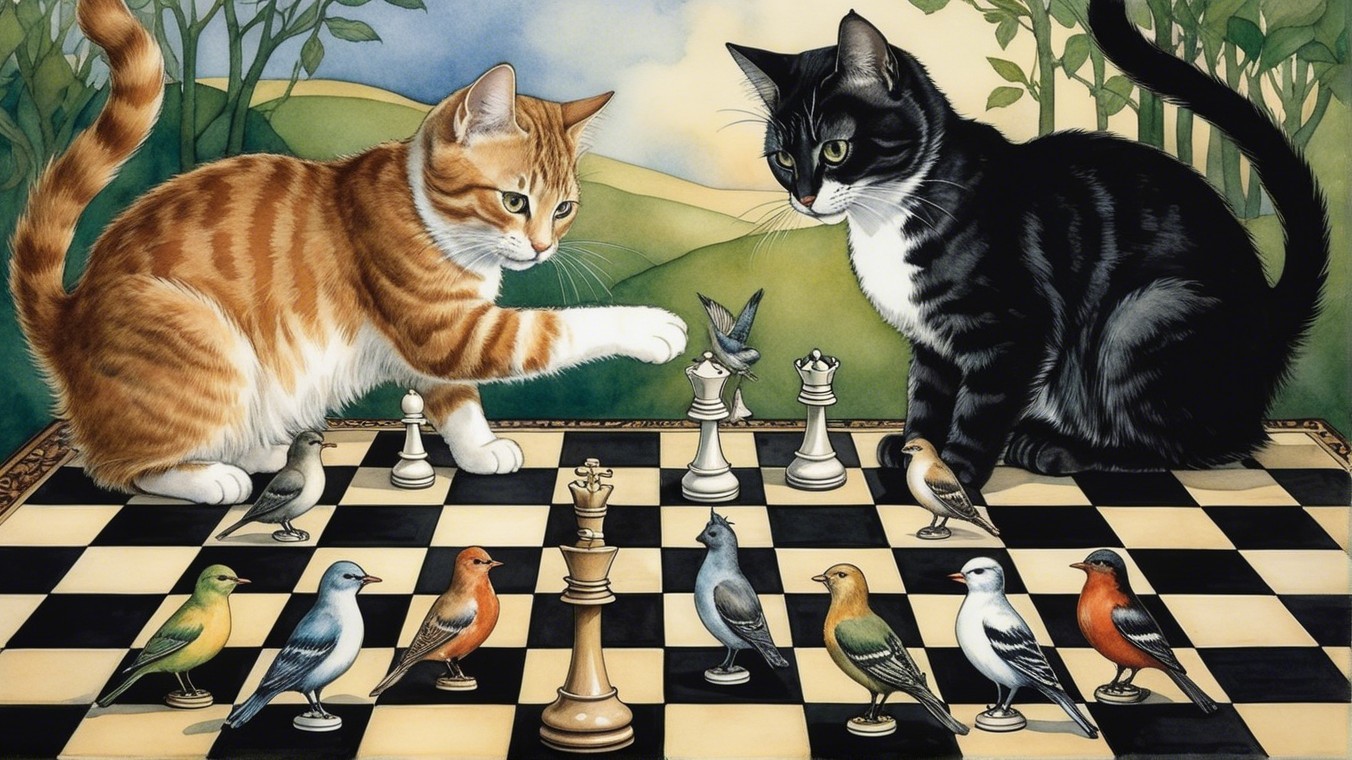 Cats Playing Chess in a Whimsical Nature Setting