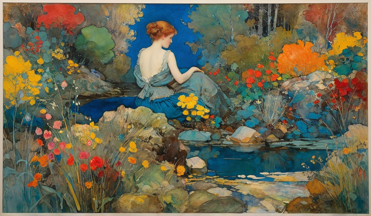 Woman by a serene pond in a vibrant landscape