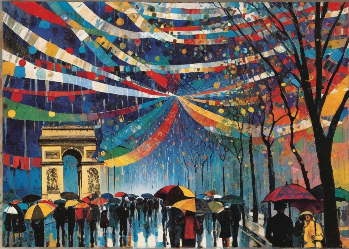 Vibrant street scene with colorful umbrellas and Arc de Triomphe