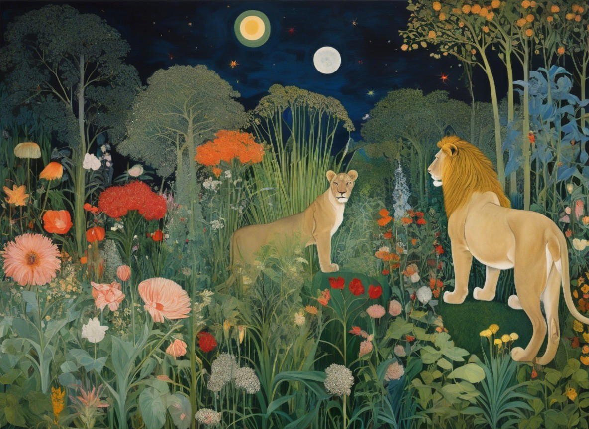 Majestic Lions in a Dreamlike Forest Landscape