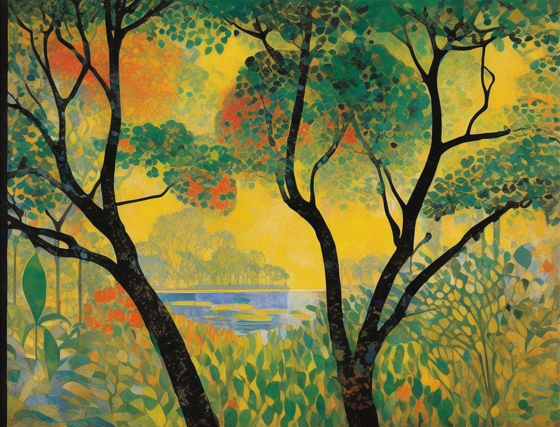 Vibrant Landscape with Lush Trees and Tranquil Water